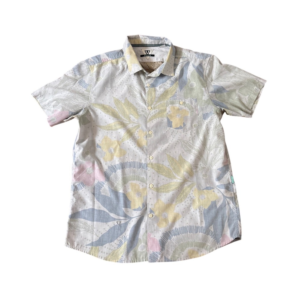 Vissla Button Down Shirt Men Blue Yellow Floral Tropical Short Sleeve SIZE Large
